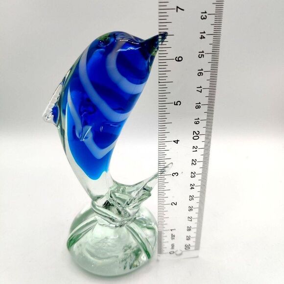 Vintage Striped Glass Dolphin Hand Blown Blue White Art Glass Sculpture 7" Rare - Picture 6 of 13